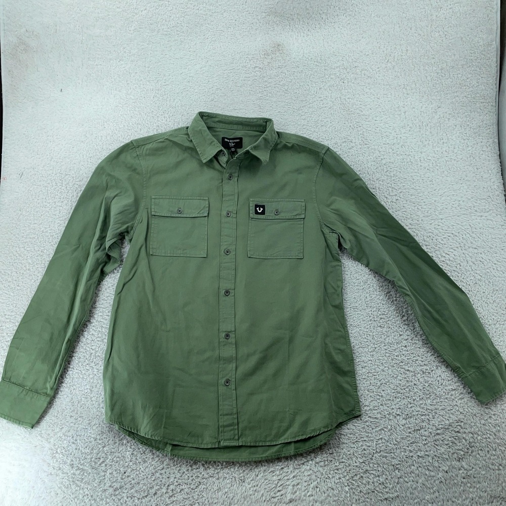 True Religion Shirt Mens Medium Olive‎ Green Button Up Long Sleeve Logo Patch